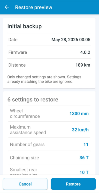 Restauration dans l’app mobile eTuning Aperçu de restauration dans l’app mobile eTuning pour les sauvegardes cloud Shimano STEPS